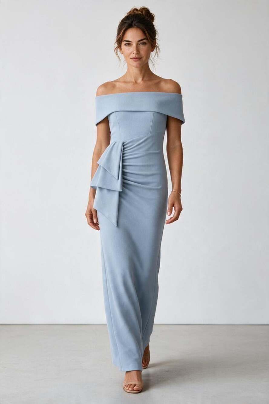 XSCAPE Women's Off-the-Shoulder Gathered Maxi Evening Dress Sky Blue Size 8 NWT